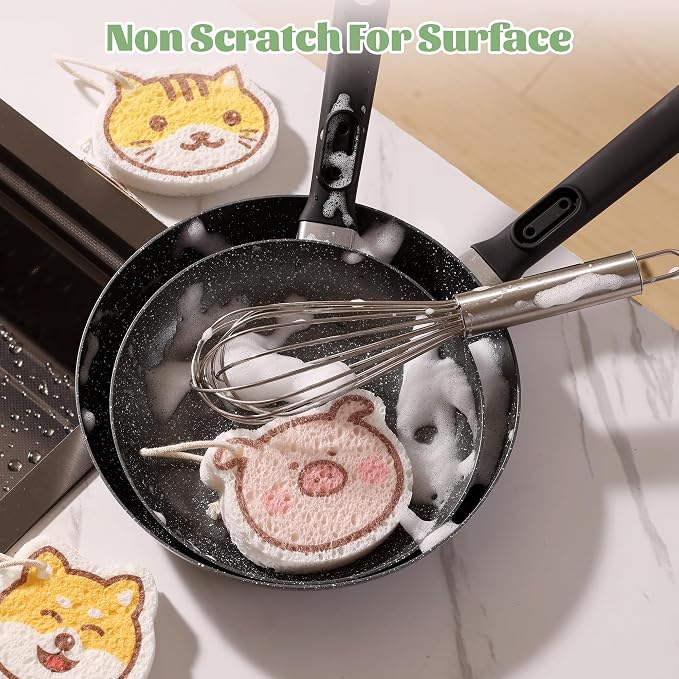 JOYMOOP Cartoon Kitchen Sponge, Non-Scratch Sponges for Dishes, Natural Cellulose Sponges for Cleaning, Reusable Sponge for Household Cleaning - 18 Pcs Mixed Pattern (Kitten, Doggy and Piggy)