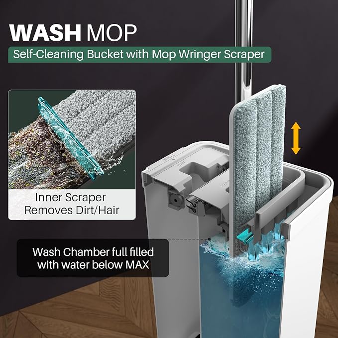 JOYMOOP Mop and Bucket Set for Home and Commercial Use, Flat Mop System with 3 Reusable Microfiber Pads, Floor and Wall Cleaner