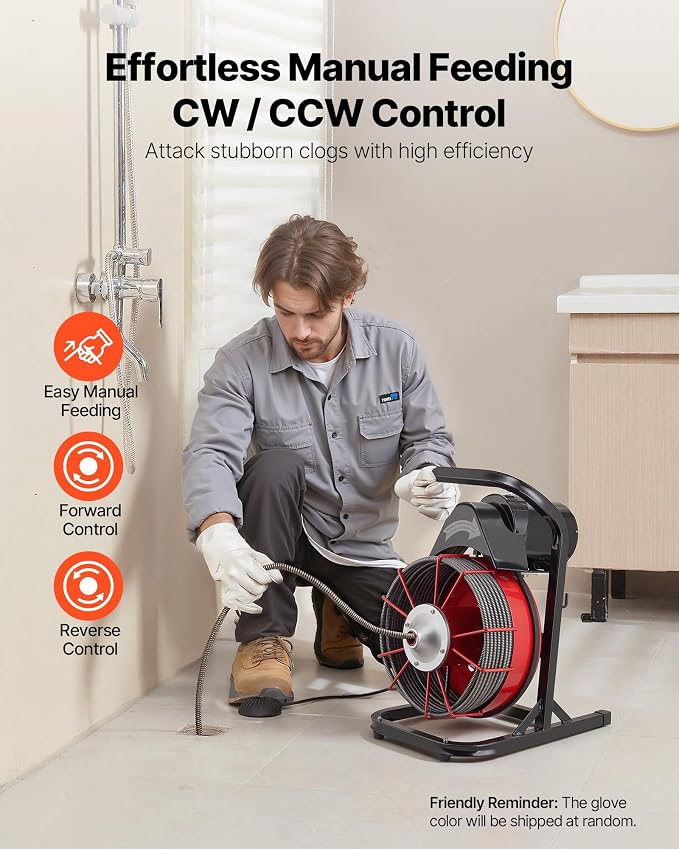 VEVOR Drain Cleaner Machine 75 FT x 1/2 Inch Sewer Snake Auger Manual Feed | Efficient Clog Clearing for 2" to 6" Pipes, Solid Core Steel Cable, with 4 Cutters & Air-activated Foot Switch