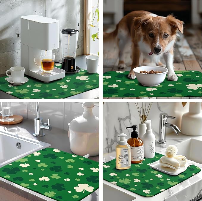 Green Shamrock St. Patrick's Day Dish Drying Mat for Kitchen Counter Lucky Clover large Dish Drying Pad Absorbent Reversible Microfiber Draining Pad Washable Drying Mats 18x24 Inch