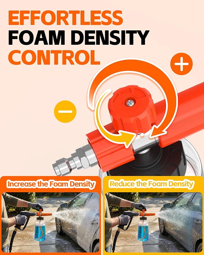 Foam Cannon for Pressure Washer with 1/4" Quick Connector, Wide Mouth Foam Cannon, Adjustable Soap Cannon for Car Wash, Additional 1.1mm Orifice Nozzle (Orange)