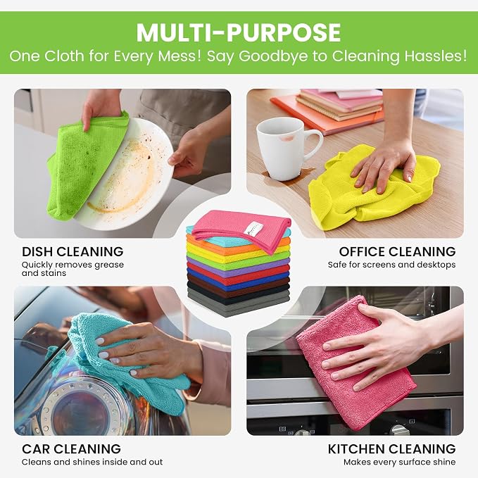 12 Pack Microfiber Cleaning Cloth, 11 Assorted Colors Cleaning Rags for Housekeeping, Colorful Reusable Microfiber Towels for Car, Kitchen, Bathroom and Household Cleaning Supplies, 11.8"X11.8"
