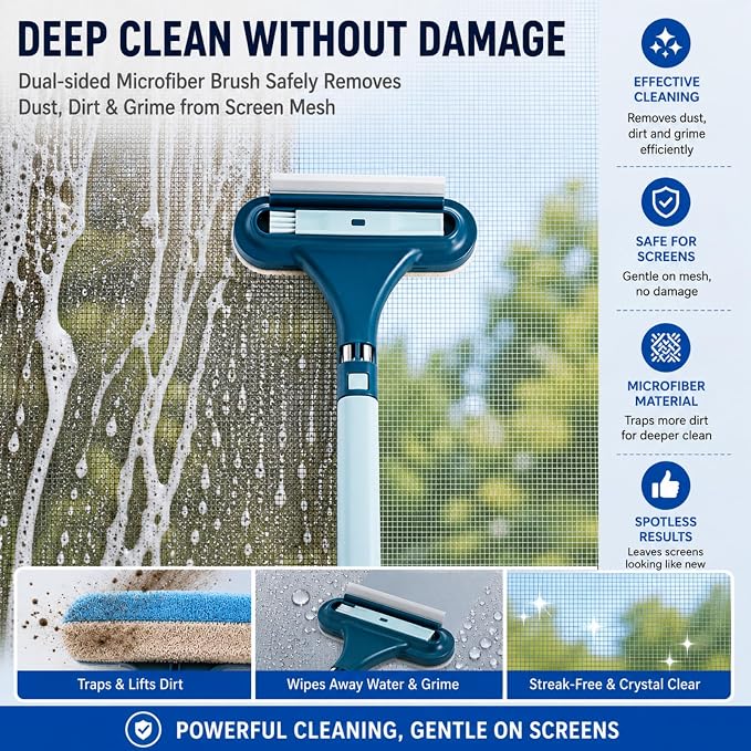 3-in-1 Window Screen Cleaner with Squeegee and Pet Hair Remover, Window Screen Cleaning Brush for Couch, Mesh and Multi-Use Crevice Tool for Patio and Porch Screens (Blue)