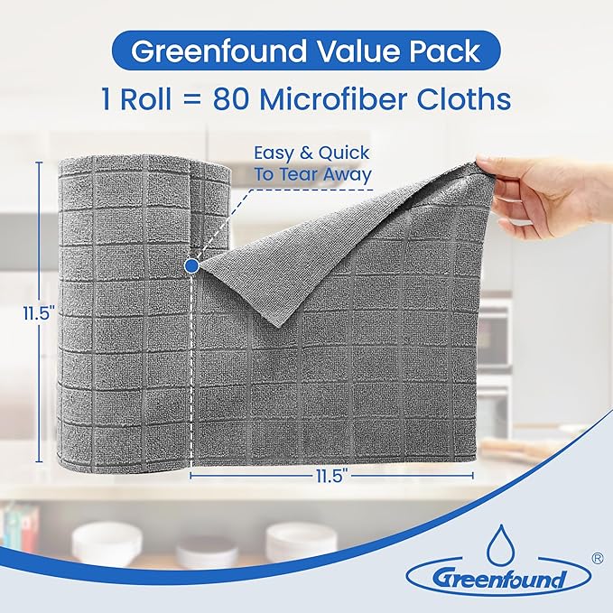 Greenfound Microfiber Cleaning Cloth Roll, 80 Pack Tear Away Towels, Reusable Washable Lint Free Scratch Free Absorbent Cleaning Rags for Kitchen Home Car Window Glass, 11.5 x 11.5 Inch Check Grey