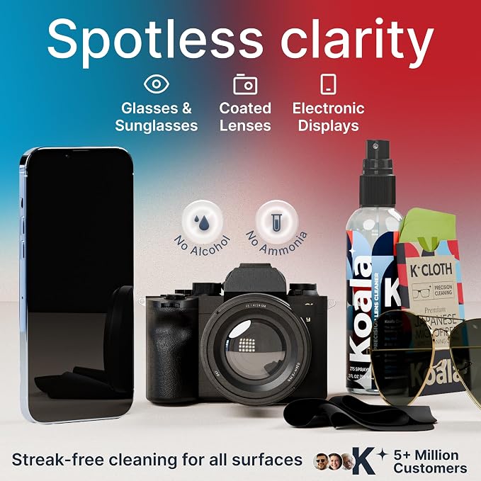 Koala Eyeglass Lens Cleaner Spray Kit | Japanese Microfiber (4 Piece Set) | (2x) Glasses Cleaner Bottle + (2x) Microfiber Cloth | Alcohol Free Eyeglasses, Screen, and Camera Cleaning Kit | Made in USA