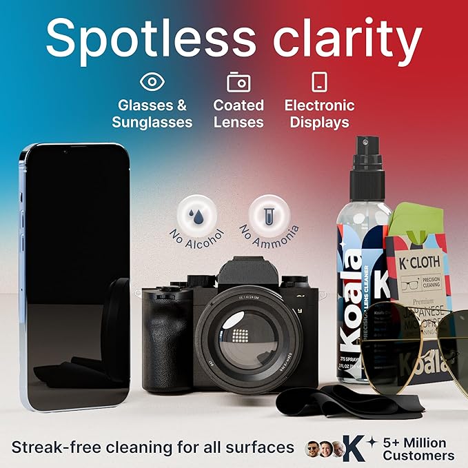 Koala Eyeglass Lens Cleaner Spray Kit | Japanese Microfiber (2 Piece Set) | (1x) Glasses Cleaner Bottle + (1x) Microfiber Cloth | Alcohol Free Eyeglasses, Screen, and Camera Cleaning Kit | Made in USA
