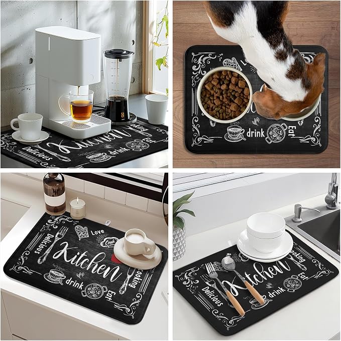 Kawani Black Coffee Bar Dish Drying Mats for Kitchen Counter 18x24 Inch, Kitchen Drying Mat, Kitchen Coffee Bar Dishes Pad Dish Drainer Rack Mats Absorbent Fast Dry Kitchen Accessories Square