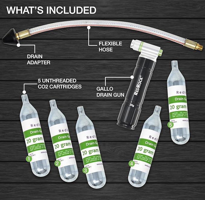 RedRock Gallo Drain Gun AC Drain Line Cleaner Tool, HVAC Air Conditioner Condensate Blaster Cleaning Kit with Flexible Hose Pipe, Includes 5 Unthreaded CO2 Cartridges, 20 Grams