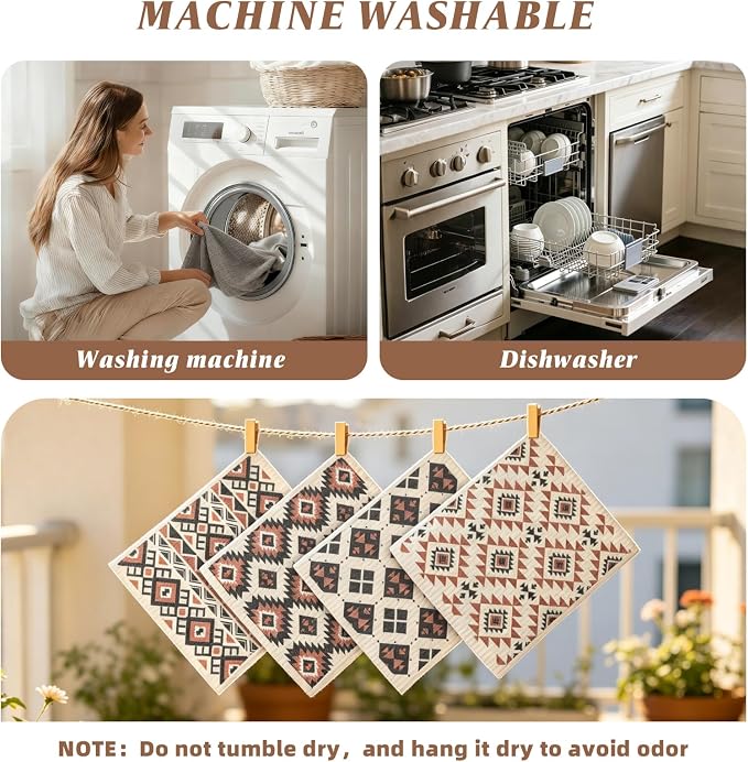 Swedish Dishcloths for Kitchen - 4 Pack Western Aztec Vintage Themed Reusable Paper Towels, Non-Scratch Cellulose Cloths, No Odor, Biodegradable Cleaning Cloths