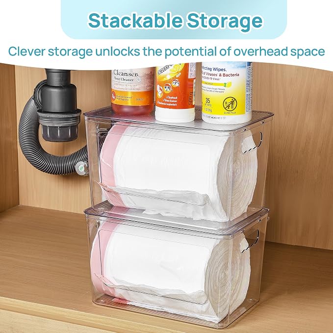Vtopmart 1 Pack Trash Bag Holder, Stackable Garbage Bag Dispenser for 13/30/33 Gallon Bags, Onion and Potato Storage Bins for Kitchen, Clear Organizer Bins for Under Sink, Laundry Room
