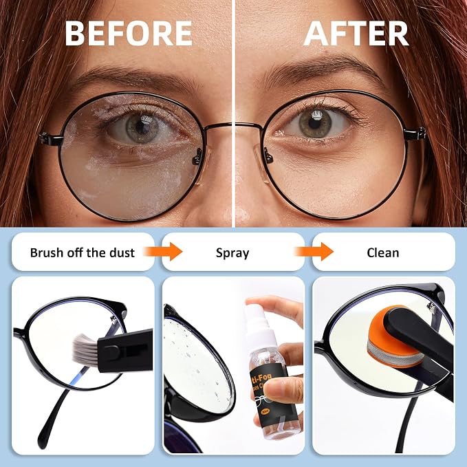 Glasses Cleaner Eyeglass Cleaning Kit with Anti Fog Spray, Microfiber Cloth | Streak-Free Cleaning Pads，Lens Wipes for Sunglasses Camera Lenses, Includes Screwdriver, Nose Pads, Ear Grips, Storage Case