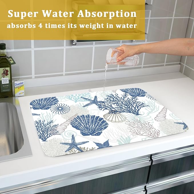 Summer Navy Blue Coral Beach Starfish Dish Drying Mat 18×24 Inch | Polyester，Absorbent Microfiber，for Kitchen Coffee Dining Bar Decor