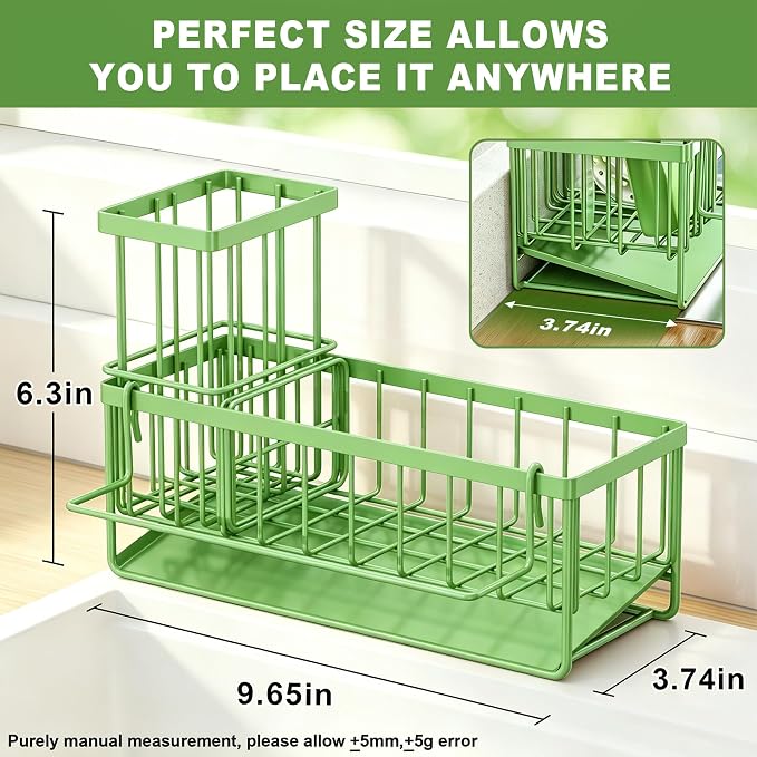 Sponge Holder for Kitchen Sink, Kitchen Sink Caddy, Kitchen Sink Sponge Holder, Dish Sponge Holder, Kitchen Sink Organizer for Sponge, Dish Brush, Scrubber(9.65" x 3.74" x 6.3", Avocado)