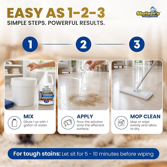 Sheiner's Pet Urine Enzyme Cleaner & Pet Stain & Odor Remover, Advanced Enzymatic Cleaner Solution for Carpets, Rugs, Upholstery & Multi-Surfaces, Safe for Pets & Kids. (128 oz)