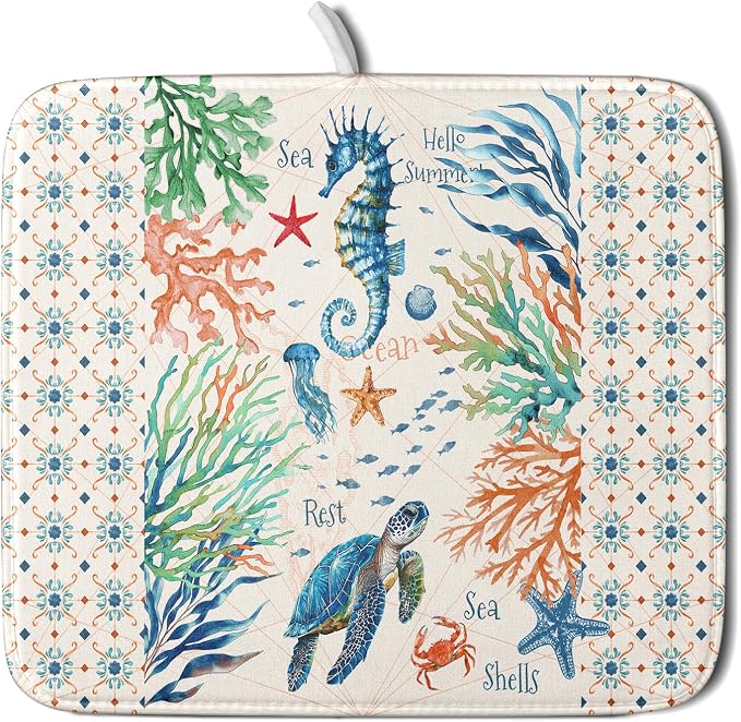 Giwawa Nautical Coastal Dish Drying Mat Sea Turtle Seahorse Dish Drainer Pad 16"x18" Microfiber Reversible Fast Dry Pad for Kitchen Counter Decor