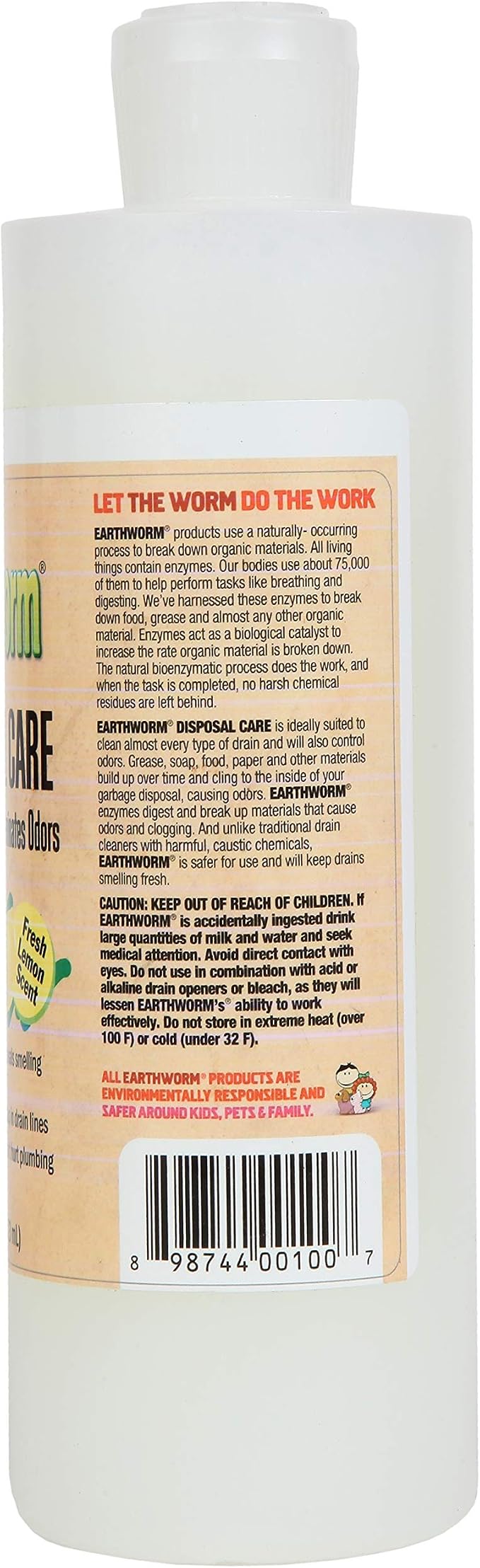 Earthworm Garbage Disposal Cleaner and Odor Eliminator/Disposal Care Removes Buildup, Cleans, and Freshens your Kitchen Sink - 16 Oz, Fresh Lemon Scent, Septic Safe