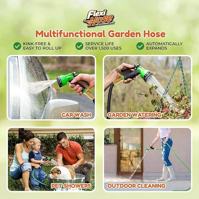 Flexi Hose Expandable Garden Hose with 8 Function Nozzle, 25FT - Lightweight Retractable Garden Hose, Water Hose - No-Kink Flexibility, 3/4 Inch Solid Brass Fittings and Double Latex Core