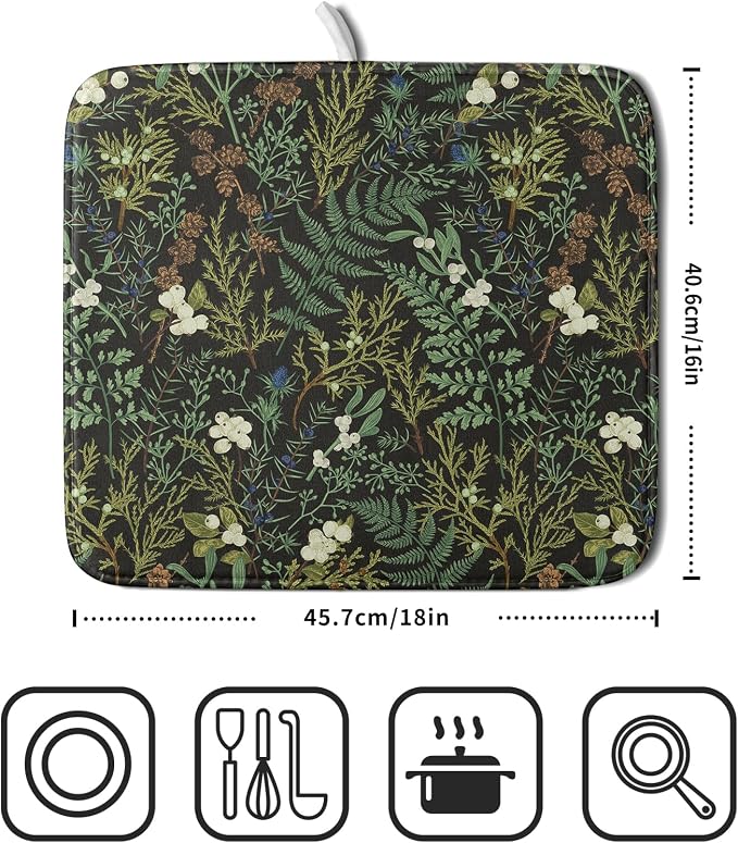 Green Plants Dish Drying Mat for Kitchen Counter Microfiber Absorbent Dish Draining Reusable Washable Foldable 16"x18"