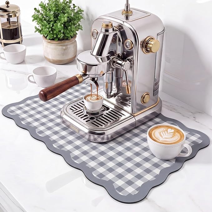 Scalloped Gingham Coffee Mat 12" x 20" Absorbent Coffee Bar Mat Gingham Espresso Matt for Counter(Gray)