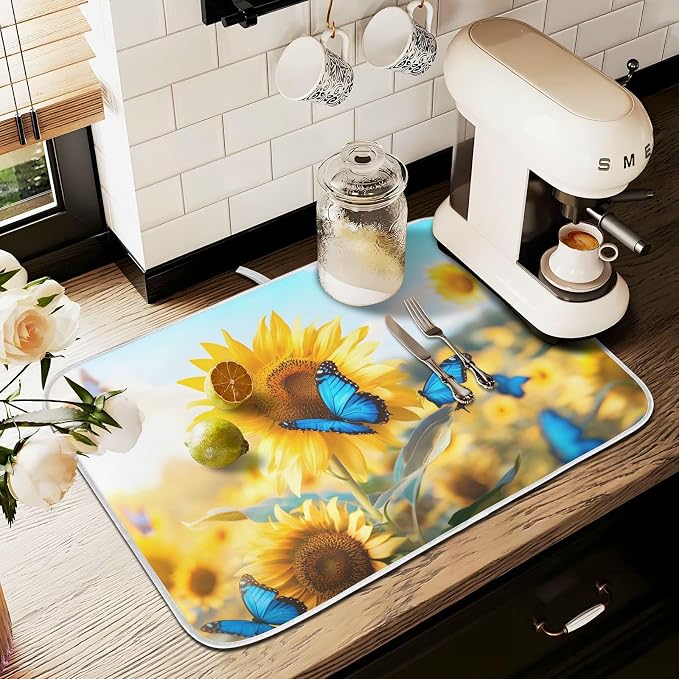 Blooming Sunflowers Blue Butterfly03 Dish Drying Mat for Kitchen Counter Absorbent Microfiber Large Drying Pad Dish Mats for Kitchen Countertops 18 x 24 Inch