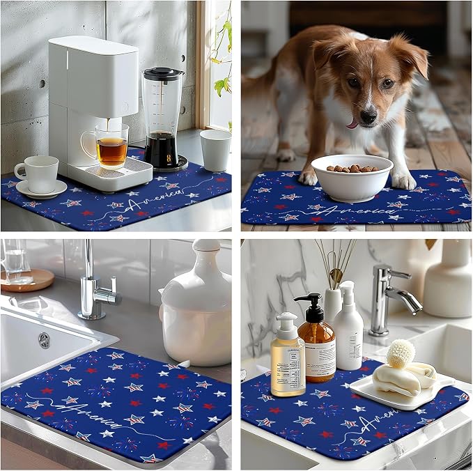 4th of July Dish Drying Mat America Stars Fireworks Blue Drying Mat 16x18 Inch Patriotic Memorial Independence Day Microfiber Absorbent Dish Drainer Rack Mats for Kitchen Counter