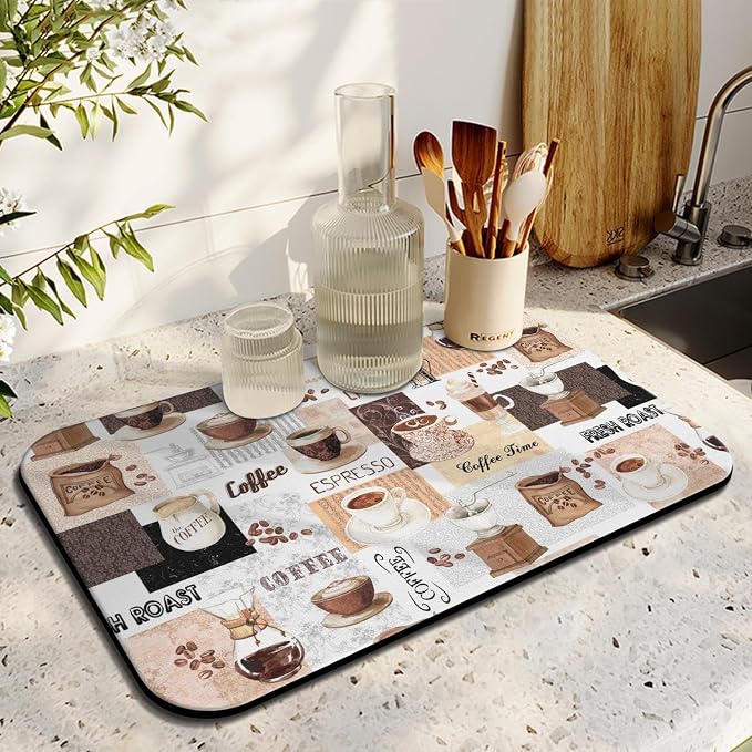Coffee Mat 19inx12in, Absorbent Hide Stain Anti-Slip Coffee Bar Accessories, Dish Drying Mat for Kitchen