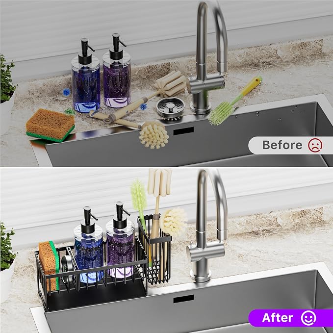 MASADI Kitchen Sink Caddy with Dish Soap Dispenser Set, 12OZ Glass Bottle, Hand and Dish Soap Dispenser Set, Non-Slip Silicone Pad, Brush Holder, Kitchen Sink Organizer Countertop (Black+Clear)