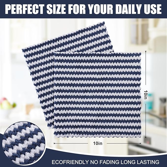 Homaxy 12 Pack Kitchen Dish Cloths, Ultra Soft and Absorbent Dish Towels, Reusable Fast Drying Microfiber Cleaning Cloth, Coral Velvet Wave Design No-lint, 10 x 10 inches, Navy Blue