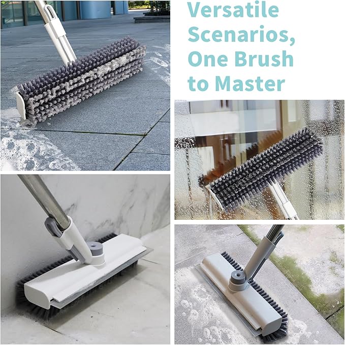 AIR U+ Floor Scrub Brush with Long Handle, 3-in-1 Rotating Head & Squeegee | Stiff Dual-Sided Bristle Scrubber for Shower, Bathroom, Kitchen and Patio, 30–50 In Handle for Easier Stand-up Cleaning