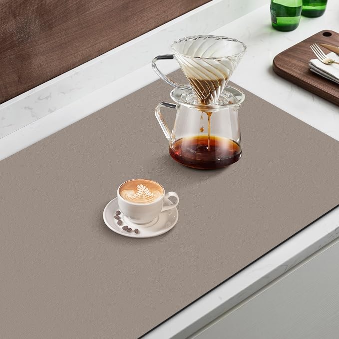 WISELIFE Coffee Mat Super Absorbent Dish Drying Mat Coffee Bar Accessories Match with Machine Large Drying Mats for Kitchen Counter 18" W x 32" L, Khaki