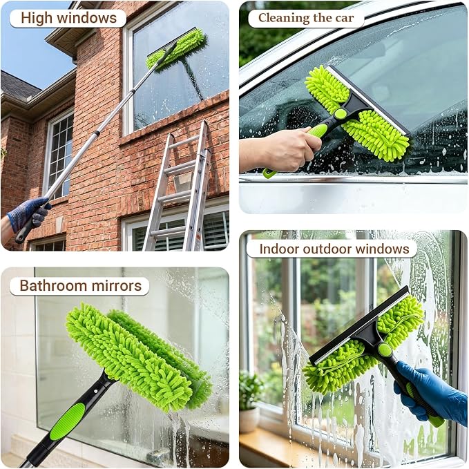 67" Window Squeegee for Window Cleaning with Extension Pole, 3-in-1 | Rotatable Lock Design,Stainless, Professional Window Cleaner Tool Kit for Indoor Outdoor High Windows,Car Glass,Shower Doors