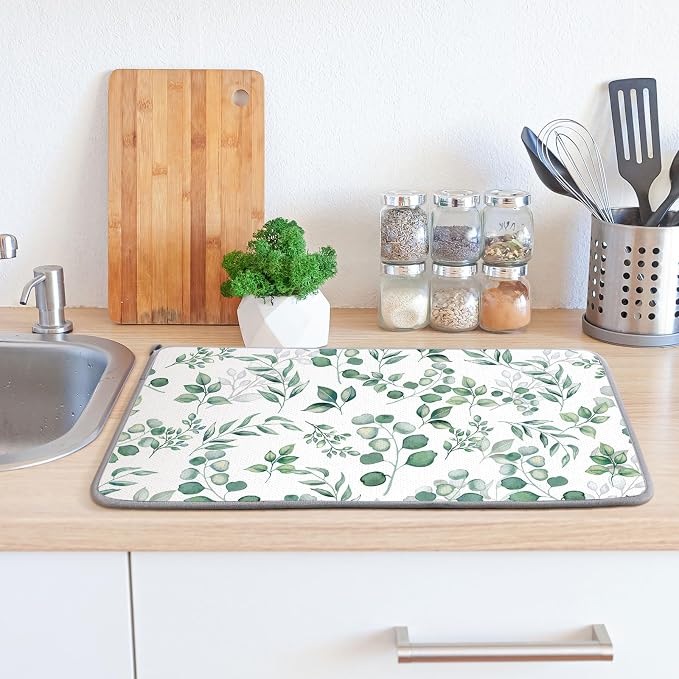 Zonon Dish Drying Mat for Kitchen Counter 16 x 24 Microfiber Absorbent Dish Drainer Rack Pads Fast Dry Mat Vintage Kitchen Decorations(Green,16" X 24",Eucalyptus Leaves)