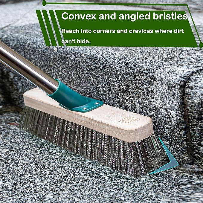 Stainless Steel Wire Brush with Long Handle Deck Broom Brush Floor Scrubber Brush for Cleaning Outdoor Broom for Moss, Tough Stains on Concrete, Grout, Garden, Garage, Patio, Swimming Pool