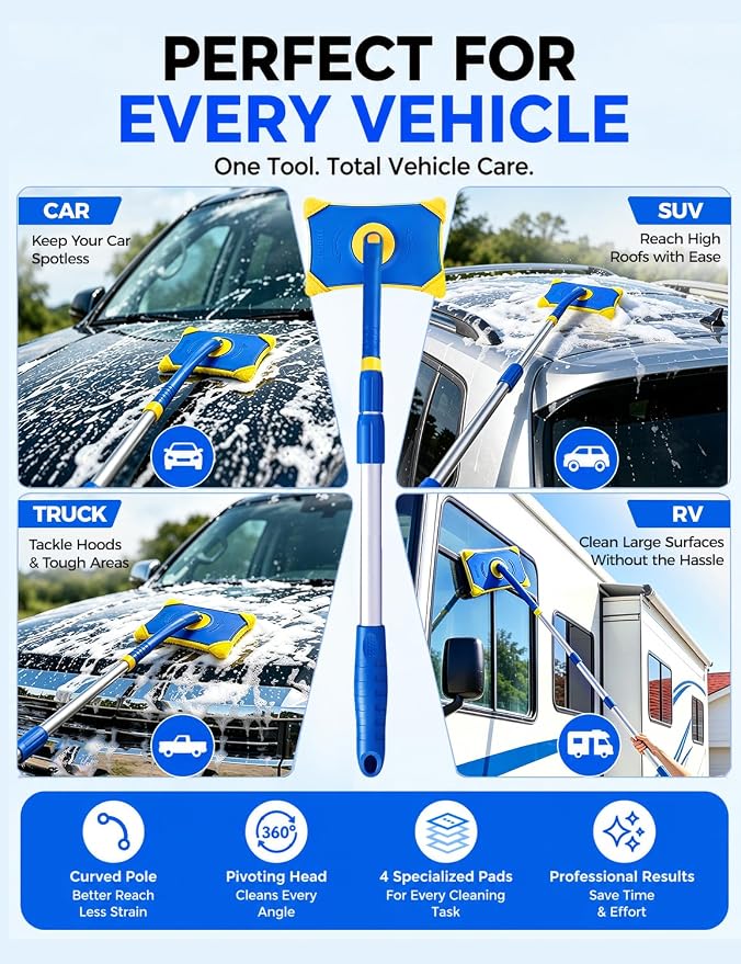 XINDELL Long Reach Windshield Cleaner Tool, 28"-44.5" Extendable Car Glass Cleaner with Curved Pole & Pivot Head, Inside Windshield Cleaner for SUV Truck RV, 4 Microfiber Pads | Curved Pole Pivot Head