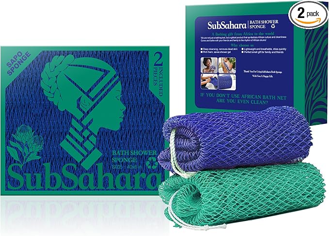 SubSahara Authentic African Net Sponge - 2 Pack Exfoliating Bath & Shower Loofah Sponge for Body & Face, Gentle Scrubber for All Skin Types, Travel, Durable (Dark Blue & Forest Green)