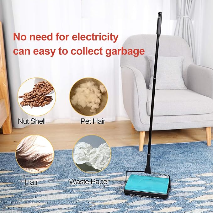 Yocada Carpet Sweeper Cleaner Manual Household Sweeper Lightweight Blue | Non-Electric Hand Push for Home Office Low&Undercoat Carpets Rugs Pet Hair Dust Scraps Paper Rubbish Cleaning with a Brush