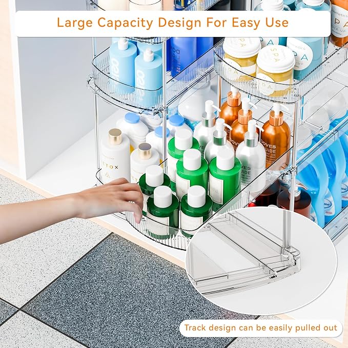 2 Pack 3 Tier Large Pull Out Bathroom Organizers and Storage,13.8″ Deep Sliding Kitchen Under Sink Organizer for Cleaning Products Storage,Acrylic Clear Bathroom inder Sink Organizer,Undersink Storage
