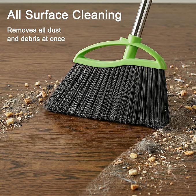 3 Packs Indoor Brooms Green Angle Broom Soft Bristles Long Handle for Hardwood Floor Sweeping