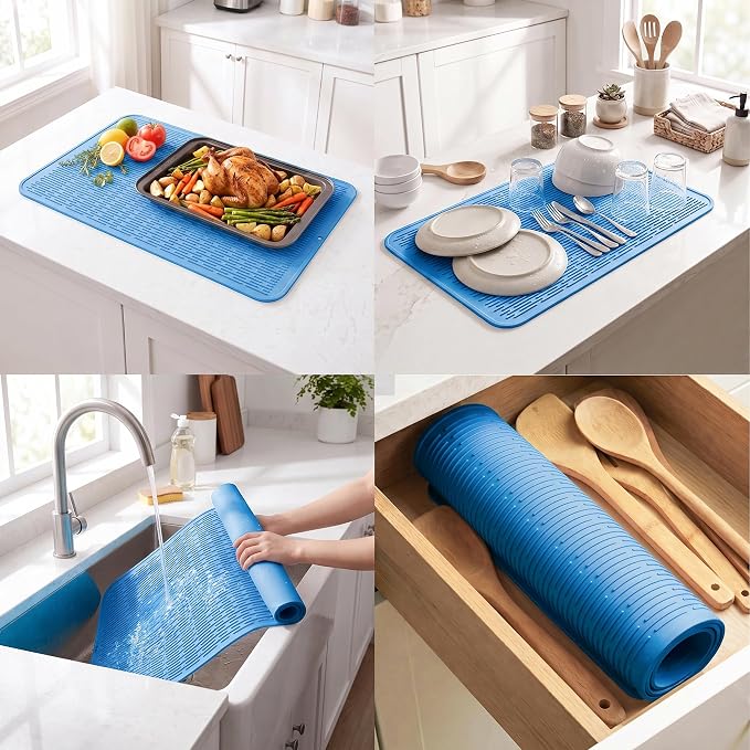 MicoYang Silicone Dish Drying Mat for Multiple Usage,Easy clean,Eco-friendly,Heat-resistant Silicone Mat for Kitchen Counter or Sink,Refrigerator or Drawer Liner Lichen BlueL 4XL 32 inches x 18 inches