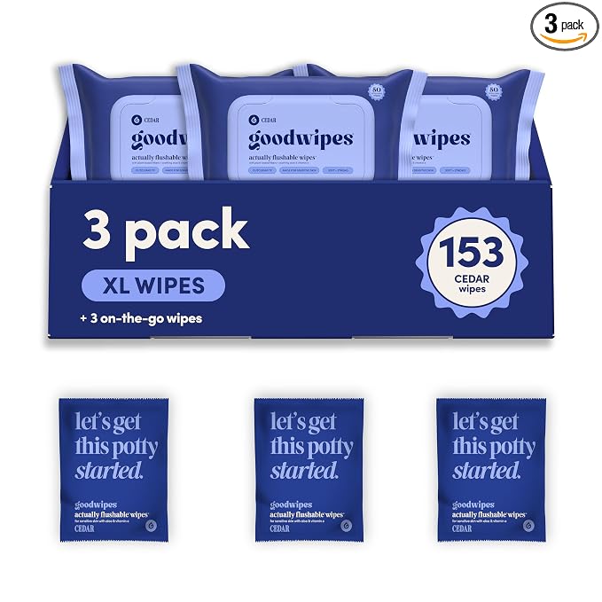 goodwipes Flushable Wipes - Cedar Wet Wipes for Adults, Sewer & Septic Safe, Guest Bathroom Essentials for Women & Men, pH Balanced & Extra Large, 153 Count (3 Packs and 3 Singles)