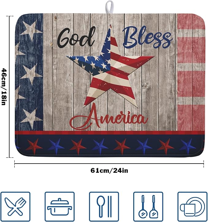 Kawani 4th of July Dish Drying Mat 18x24 Inch Patriotic God Bless America Memorial Kitchen Mats Independence Day Absorbent Dishes Pad for Kitchen Counter USA Star Drying Mat Home Decor for Countertop