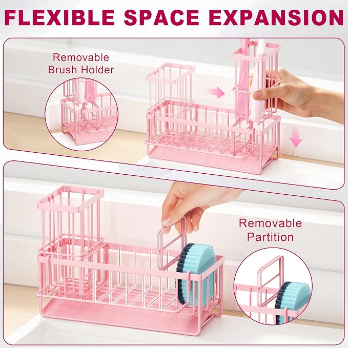 Sponge Holder for Kitchen Sink, Kitchen Sink Caddy, Kitchen Sink Sponge Holder, Dish Sponge Holder, Kitchen Sink Organizer for Sponge, Dish Brush, Scrubber(9.65" x 3.74" x 6.3", Pink)