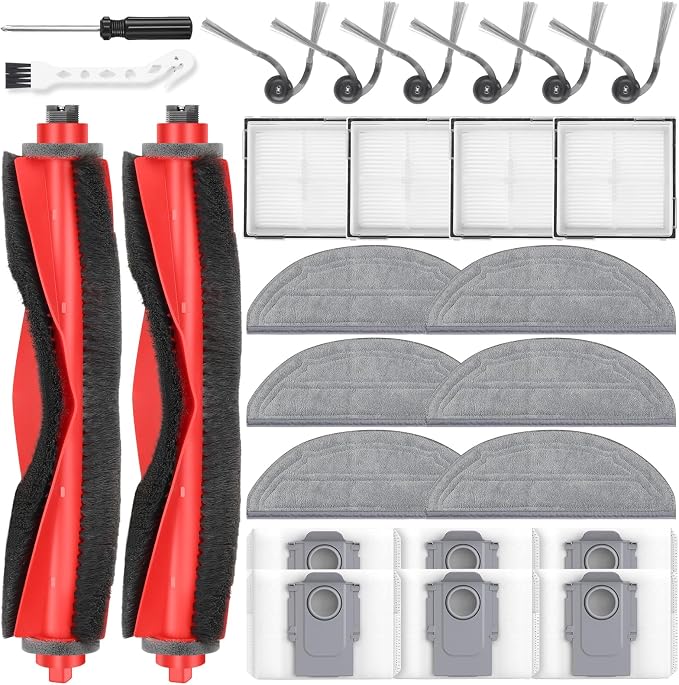 26 Pack Replacement Parts for Roborock Q10 S5/S5+/Q10 X5/X5+ Robot Vacuum | 2 Main Brushes 6 Side Brushes 4 HEPA Filters 6 Mop Pads 6 Dust Bags 1 Cleaning Brush 1 Screwdriver