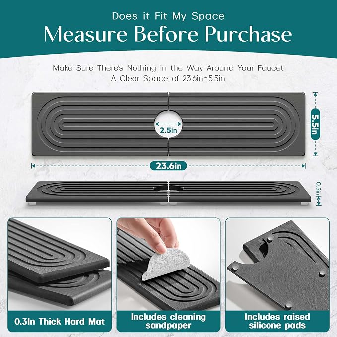 Large Faucet Mat for Kitchen Sink - Stone Drying Mat for Kitchen Counter, Diatomite Fast Drying Stone Sink Tray, Super Absorbent, Stylish Decor and Protector for Bathroom (Dark Grey, 23.6" x 5.5")