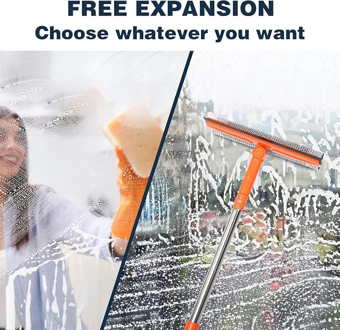 Professional Window Squeegee with 10-55" Extension Poles,2 in 1 Window Cleaner with Long Stainless Steel Handle,Sponge Car Window Squeegee for Gas Station, Glass,Shower