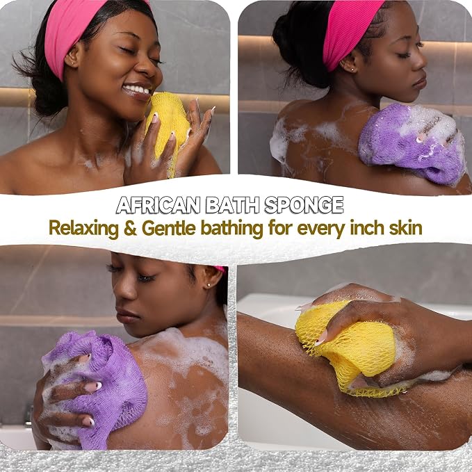 SubSahara Authentic African Net Sponge - 2 Pack Exfoliating Bath & Shower Loofah Sponge for Body & Face, Gentle Scrubber for All Skin Types, Travel, Durable (Lavender Purple & Bright Yellow)