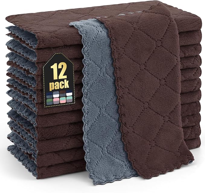Homaxy 12 Pack Kitchen Cloths Dish Towels (10" x 10", Dark Grey & Brown), Super Soft and Absorbent Dish Cloths, Coral Velvet Microfiber Cleaning Cloth, Nonstick Oil Fast Dry Dishcloths