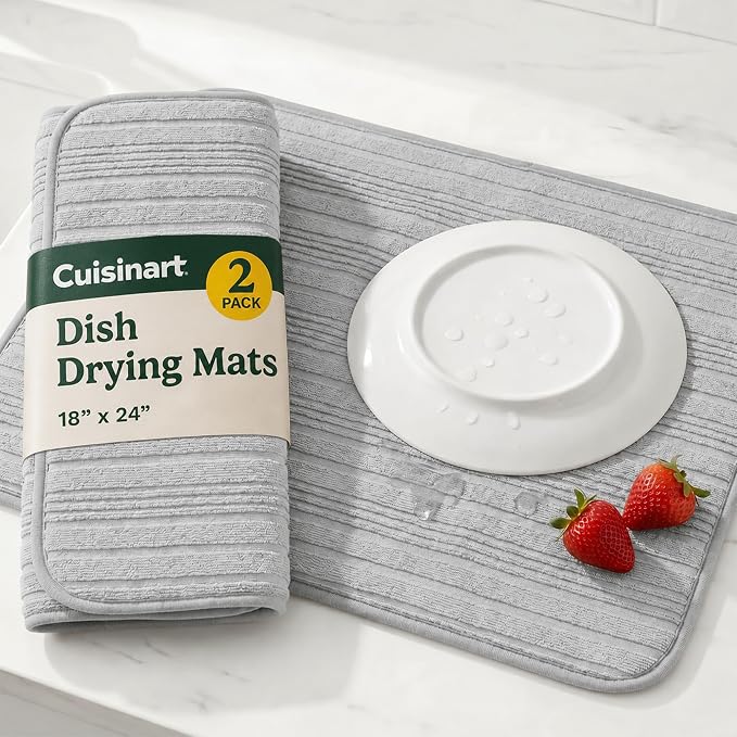 Cuisinart Dish Drying Mat for Kitchen Counter - 2-Pack XL 18x24 Ultra Absorbent Microfiber Dish Mat - Fast Drying, Machine Washable, Foldable Countertop Pad - Safe for Granite & Quartz