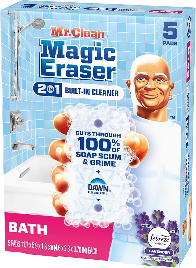 Mr. Clean Magic Eraser Sponge, Bathroom Cleaner, Shower Cleaner, Tub Cleaner, Soap Scum Remover, Bathroom Cleaning Supplies, Dawn Cleaning Power with Febreze Lavender Scent, 5ct