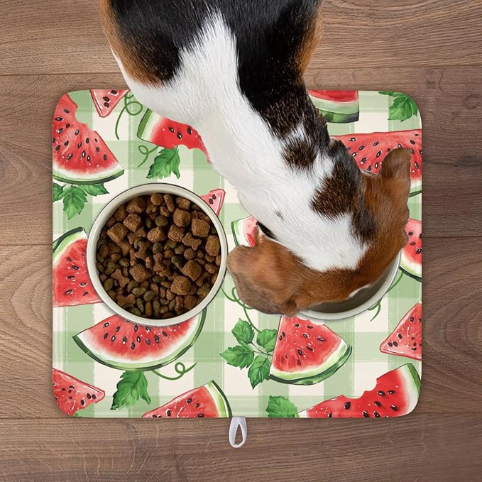 Summer Dish Drying Mat for Kitchen Counter Watercolor Watermelon Green Buffalo Plaid Microfiber Dish Drainer Mat Rustic Absorbent Washable Drying Pad 16"x18"